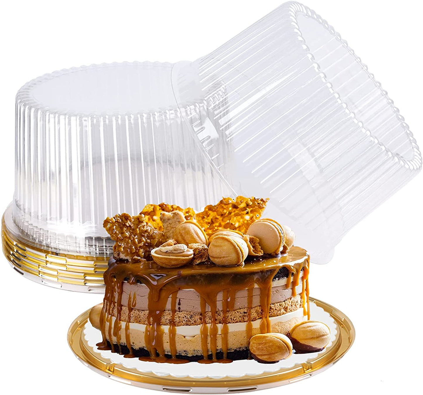 10-11 Inch Plastic Cake Containers With Lids Disposable, Round Gold Clear Cake Carrier Holder with Lid for 1-2 Layer Cakes(5 Pack)