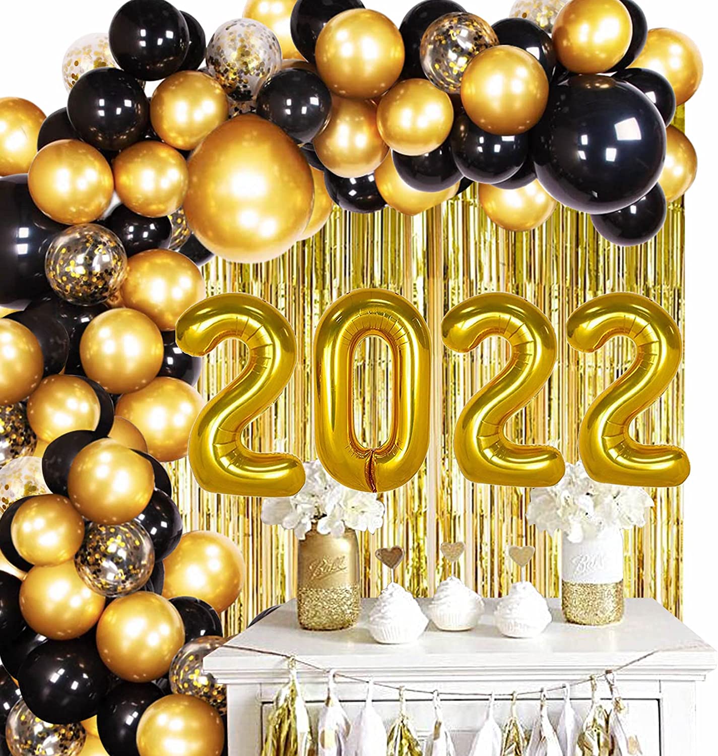 2022 Balloons Gold, 2022 Graduation Decorations with Black and Gold Balloons Garland, Foil Fringe Curtain for New Year Eve's party and Graduation Party