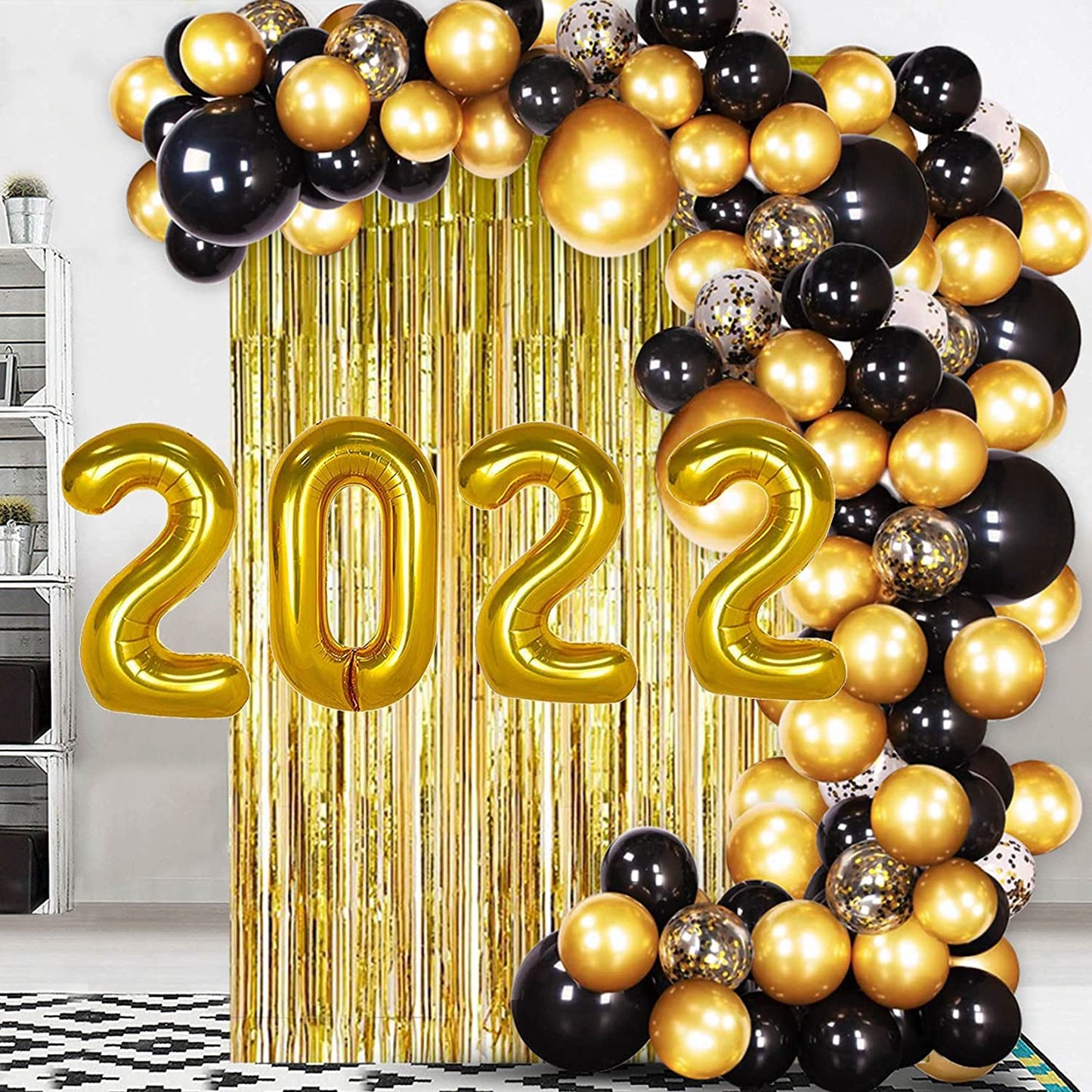 2022 Balloons Gold, 2022 Graduation Decorations with Black and Gold Balloons Garland, Foil Fringe Curtain for New Year Eve's party and Graduation Party