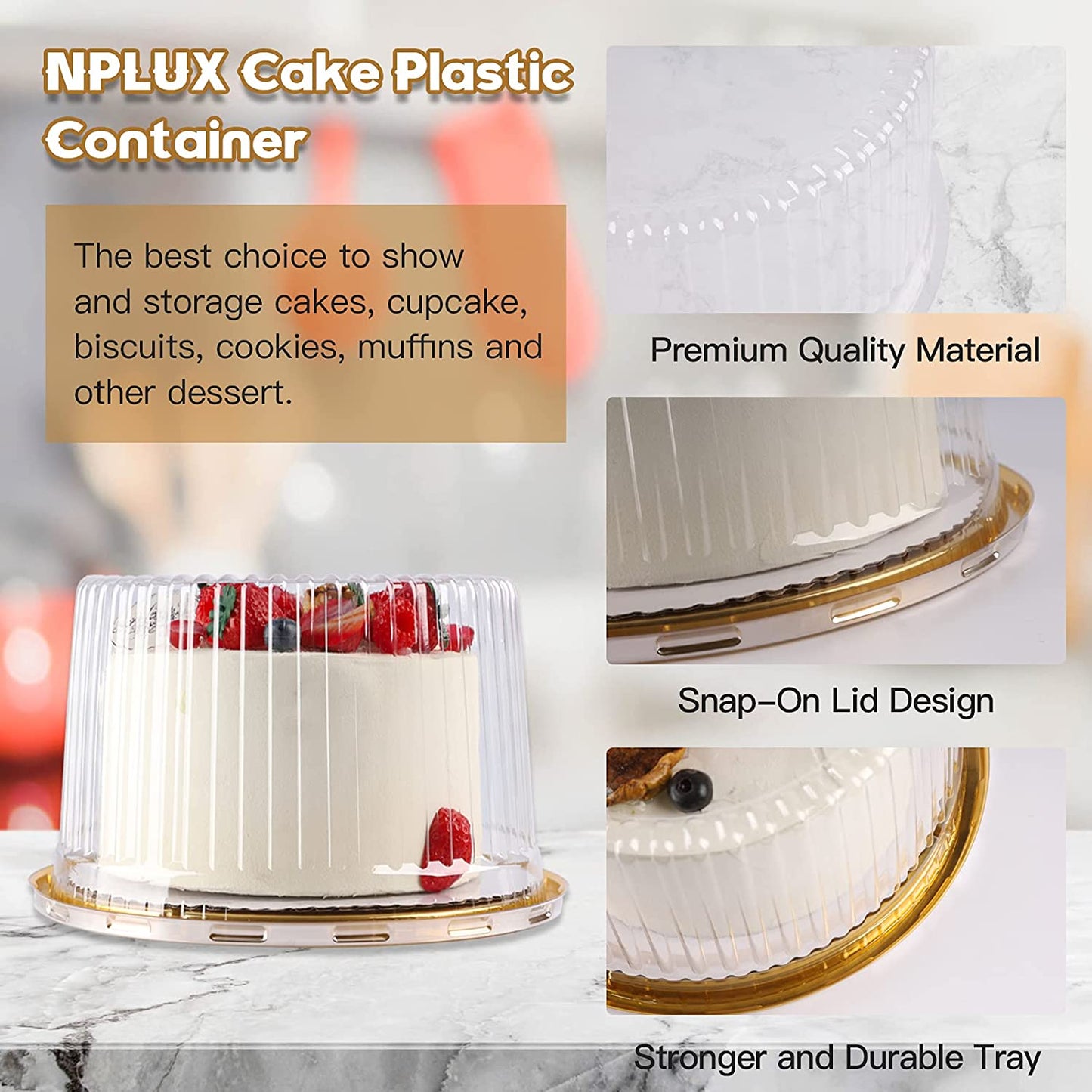 10-11 Inch Plastic Cake Containers With Lids Disposable, Round Gold Clear Cake Carrier Holder with Lid for 1-2 Layer Cakes(5 Pack)