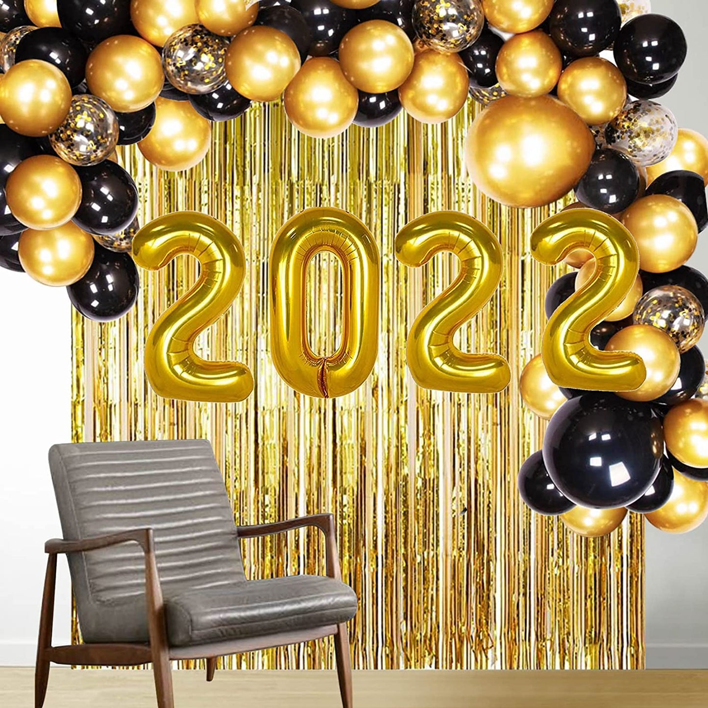 2022 Balloons Gold, 2022 Graduation Decorations with Black and Gold Balloons Garland, Foil Fringe Curtain for New Year Eve's party and Graduation Party