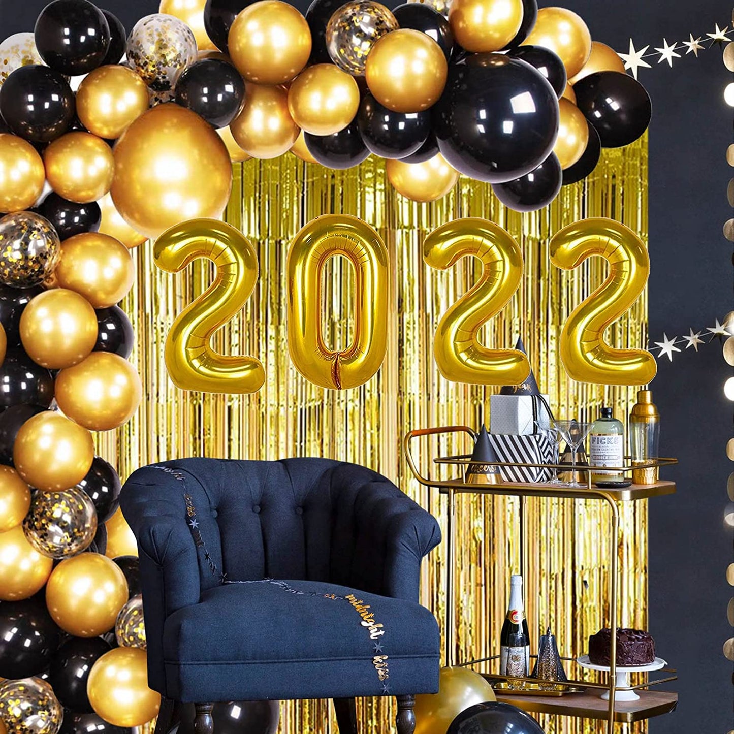 2022 Balloons Gold, 2022 Graduation Decorations with Black and Gold Balloons Garland, Foil Fringe Curtain for New Year Eve's party and Graduation Party