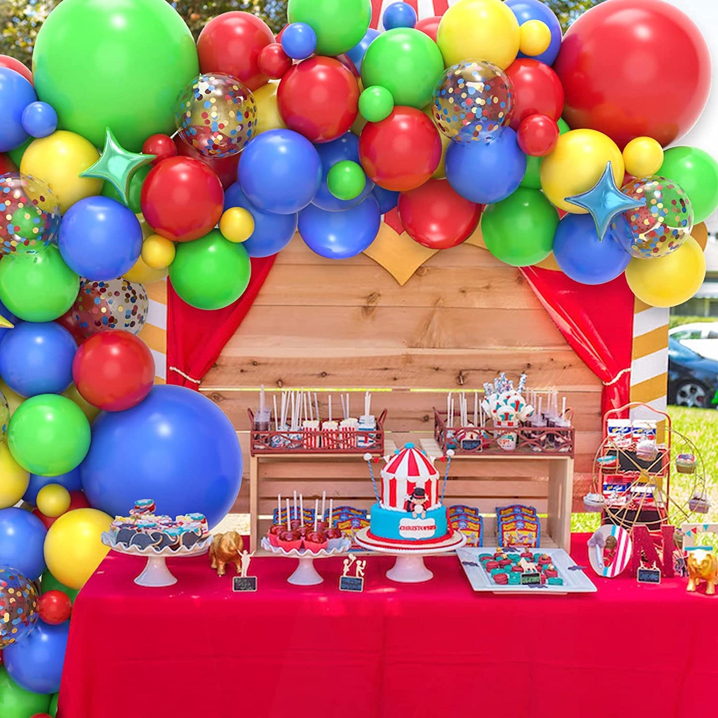 Carnival Circus Balloon Arch Garland Kit, 146 Pcs Red Blue Yellow Green Colorful Balloon Garland and Star Foil Balloons for Boy and Girl Birthday Party Carnival Theme Party Decorations