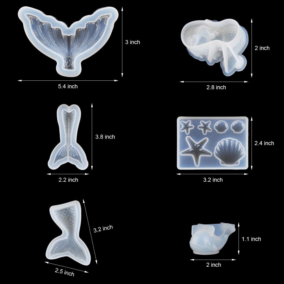 6 Pack Mermaid Tail Silicone Molds for Resin Marine Themed Keychains Pendants Resin molds with Tail Mermaid Whale Starfish and Shell