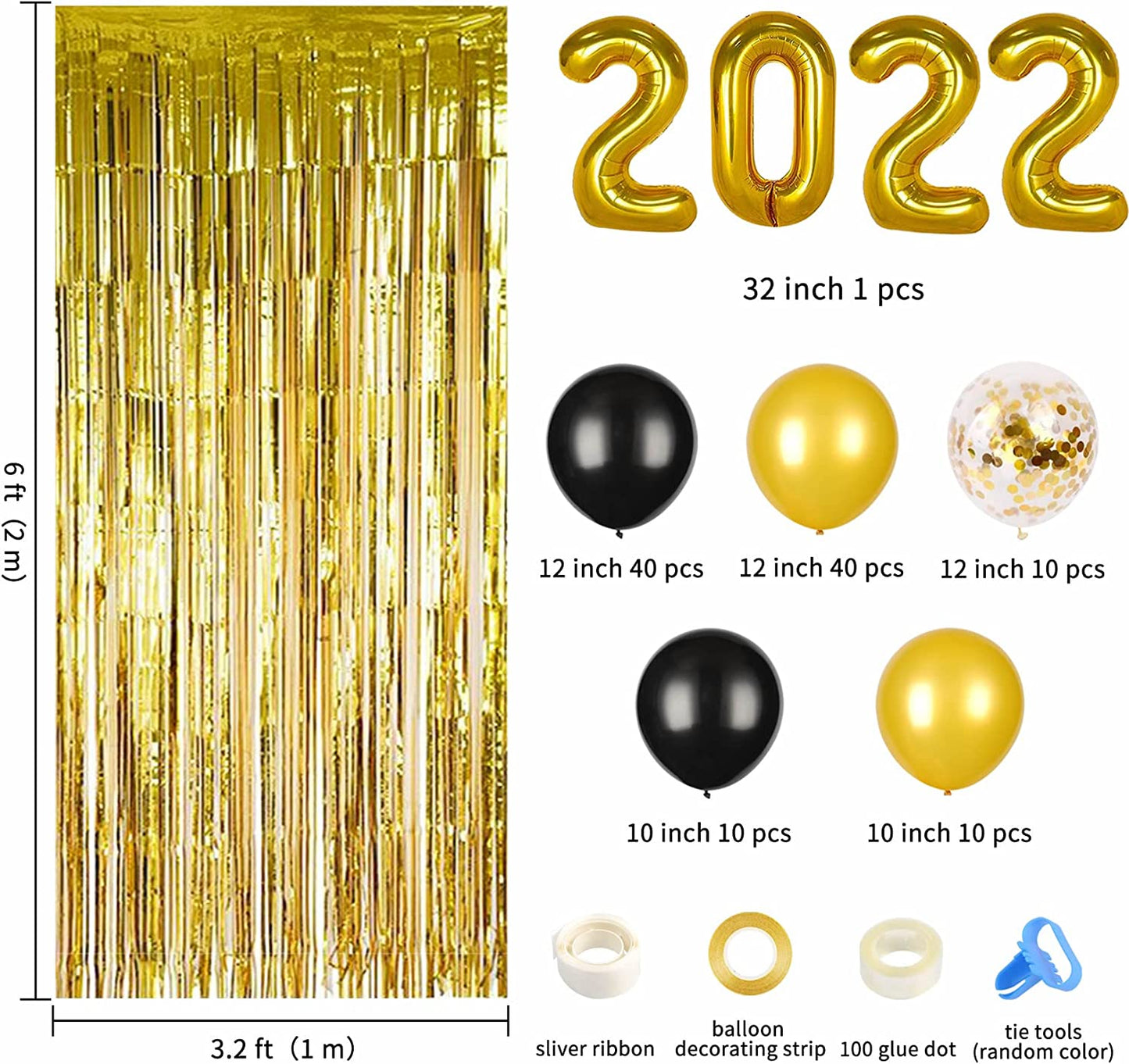 2022 Balloons Gold, 2022 Graduation Decorations with Black and Gold Balloons Garland, Foil Fringe Curtain for New Year Eve's party and Graduation Party