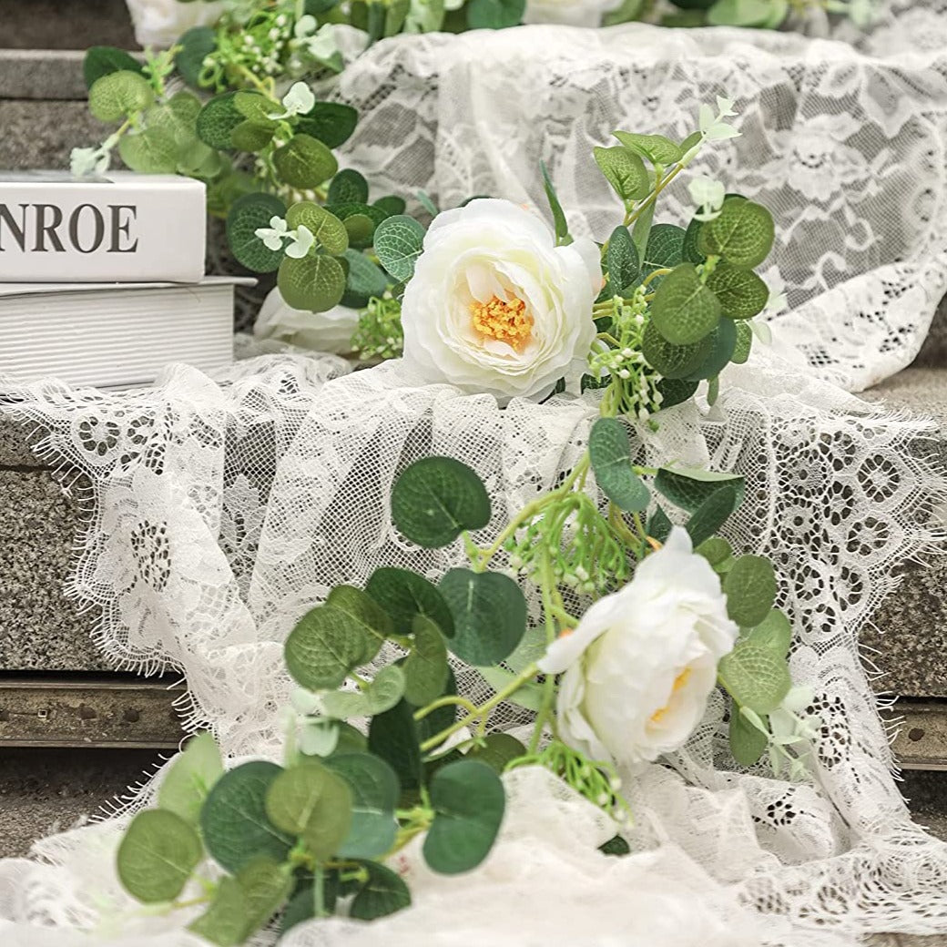 Eucalyptus Garland with Flowers, 6FT Fake White Rose Vine Silk Floral Eucalyptus Leaves Greenery for Wedding Table Mantle Wall Backdrop Room Party Decor