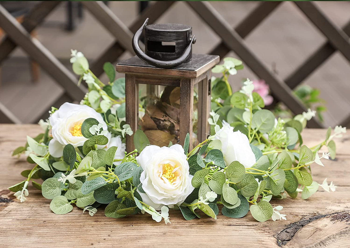 Eucalyptus Garland with Flowers, 6FT Fake White Rose Vine Silk Floral Eucalyptus Leaves Greenery for Wedding Table Mantle Wall Backdrop Room Party Decor