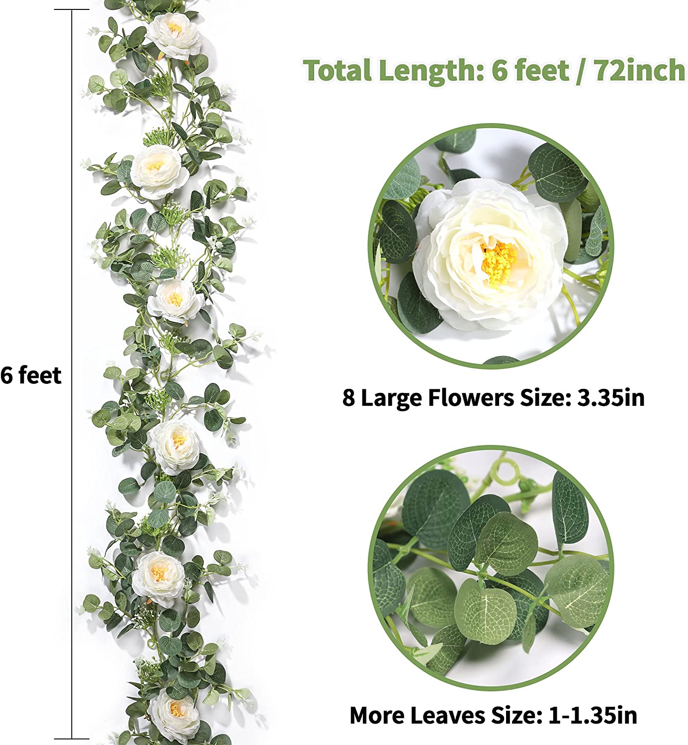 Eucalyptus Garland with Flowers, 6FT Fake White Rose Vine Silk Floral Eucalyptus Leaves Greenery for Wedding Table Mantle Wall Backdrop Room Party Decor