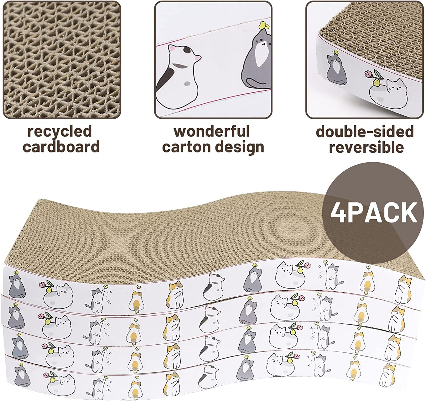 Cat Scratcher Cardboard 4 PCS Cat Scratch Pad Reversible Scratcher Texture Curve Design Durable cat scratchers for Indoor Cats Lounger Sofa