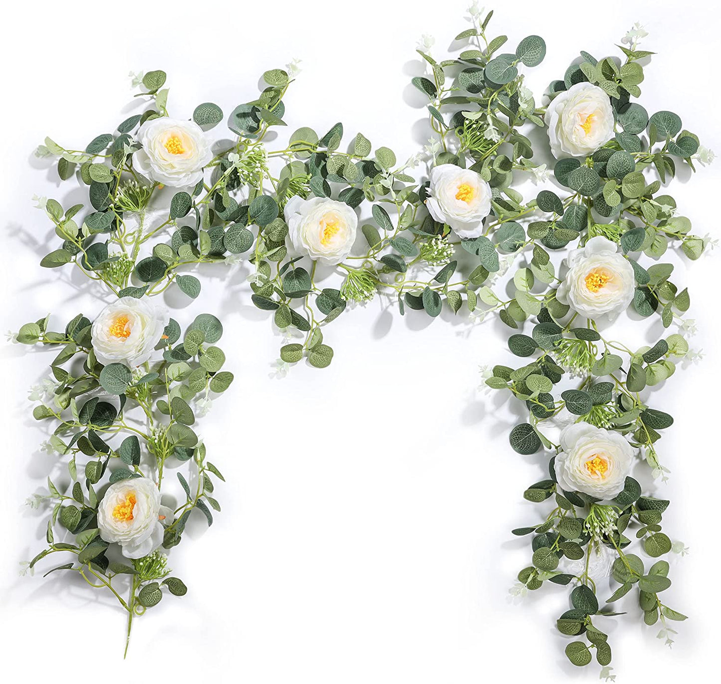 Eucalyptus Garland with Flowers, 6FT Fake White Rose Vine Silk Floral Eucalyptus Leaves Greenery for Wedding Table Mantle Wall Backdrop Room Party Decor