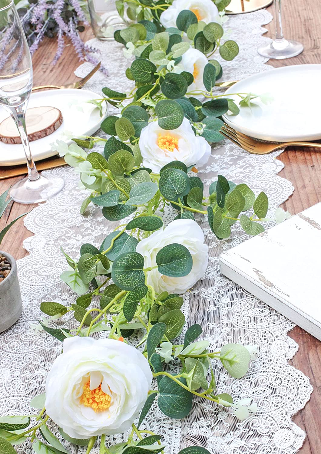 Eucalyptus Garland with Flowers, 6FT Fake White Rose Vine Silk Floral Eucalyptus Leaves Greenery for Wedding Table Mantle Wall Backdrop Room Party Decor
